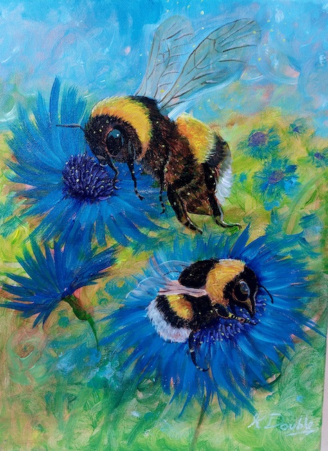 Acrylic Painting of Bumble Bees on flowers